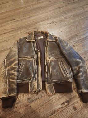 Vintage Brown Lamb Skin Leather Bomber Jacket - Classic Varsity Style
